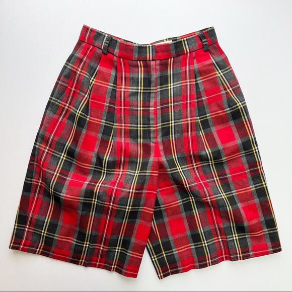 Vintage Pants - Vintage Red Plaid Tartan High Waist Wool Shorts